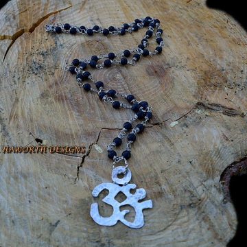 Sterling Silver ( 925) Ohm Pendant , Hand Cut and Hammered , Black Matte Finish Onyx 6 mm Bead Necklace