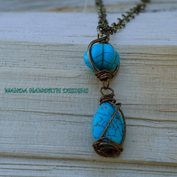 Turquoise Double Drop Pendant Necklace , Wrapped In Brass Twisted Wire