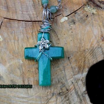 Aventurine Cross , Aventurine Stone 6 MM Bead Accent Necklace , Hand Carved and Hand Made Necklace