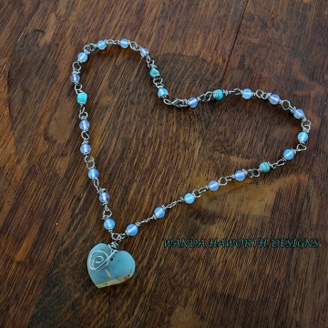 Hand Cut Blue Agate Heart , Moonstone and Abalone Necklace