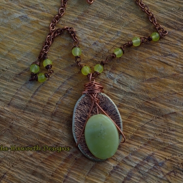 Apple Green Jade and Hammered Brass Pendant , Apple Green Jade Accents on a 18 inch brass curb chain