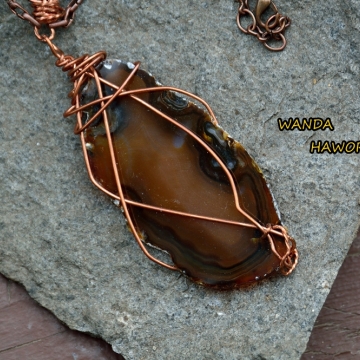 British Columbia Hand Cut Brown Slab Agate Pendant , Wire Wrapped With Copper Wire