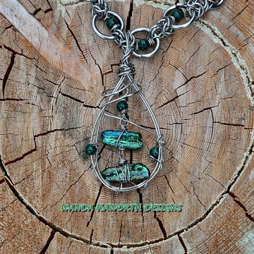 Stainless Steel Pendant with Biwa Stick Pearls and Malachite 6 MM Beads , Stainless maille 18 Inch Necklace with Malachite Beads