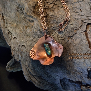 Forged copper flower pendant with green biwa pearl center , Open fire forged and hand hammered for unique style and texture