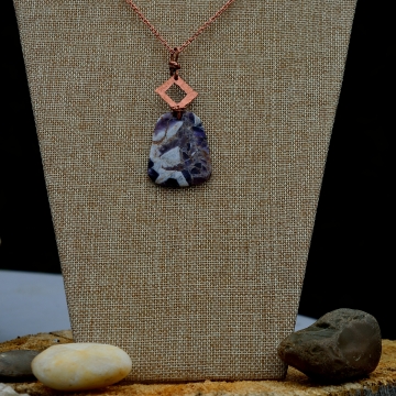 Polished Amethyst Quartz Citrine Confetti Hand Cut Rectangular Pendant with a Square Hand Cut  Hammered Finish Accent