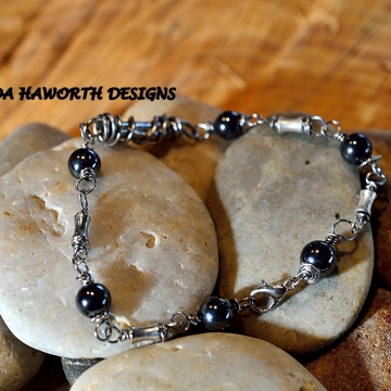 Hematite Stone Bracelet , Silver Plated Copper Accent Pieces