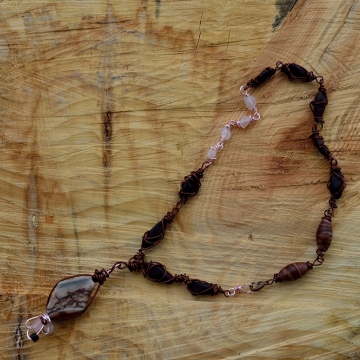 Jasper stone pendant necklace , Hand made necklace with mahogany wood , rose quartz and jasper stone , Hand wired with antique copper wire