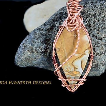 Landscape Jasper Pendant , Hand Cut Into A Diamond Shape , Hand Wired With Twisted Copper Wire