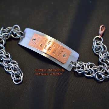 Stainless steel ID Medic Alert Bracelet , Stainless steel chainmaille bracelet , Copper on Stainless ID portion , Lobster clasp closure