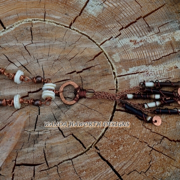 Natural River Reed ( Cat's Tail ) Tassel Pendant With Hammered Copper Filigree's , Deer Antler Disc's Hand Cut and Paired With Antiqued Copper Beads