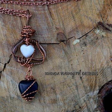 Double Heart Copper Pendant with White Turquoise Heart On Top and Black Onyx Heart On The Bottom