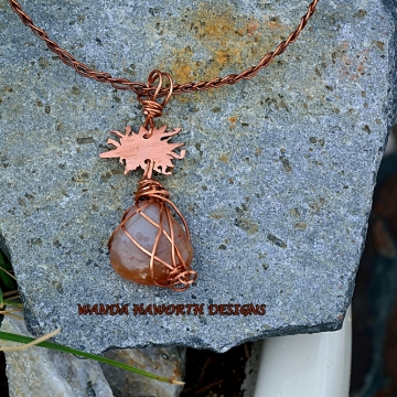 Sunstone and Copper Woven Choker Pendant / Necklace ,