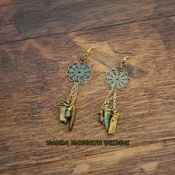 Antique Copper Filigree and Tigers Eye Chards Earrings